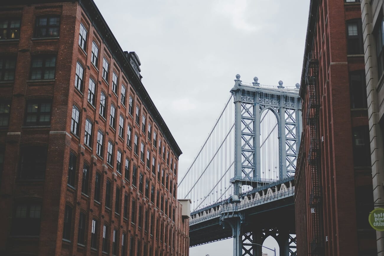 Washington Street in DUMBO framing the Manhattan Bridge at dawn