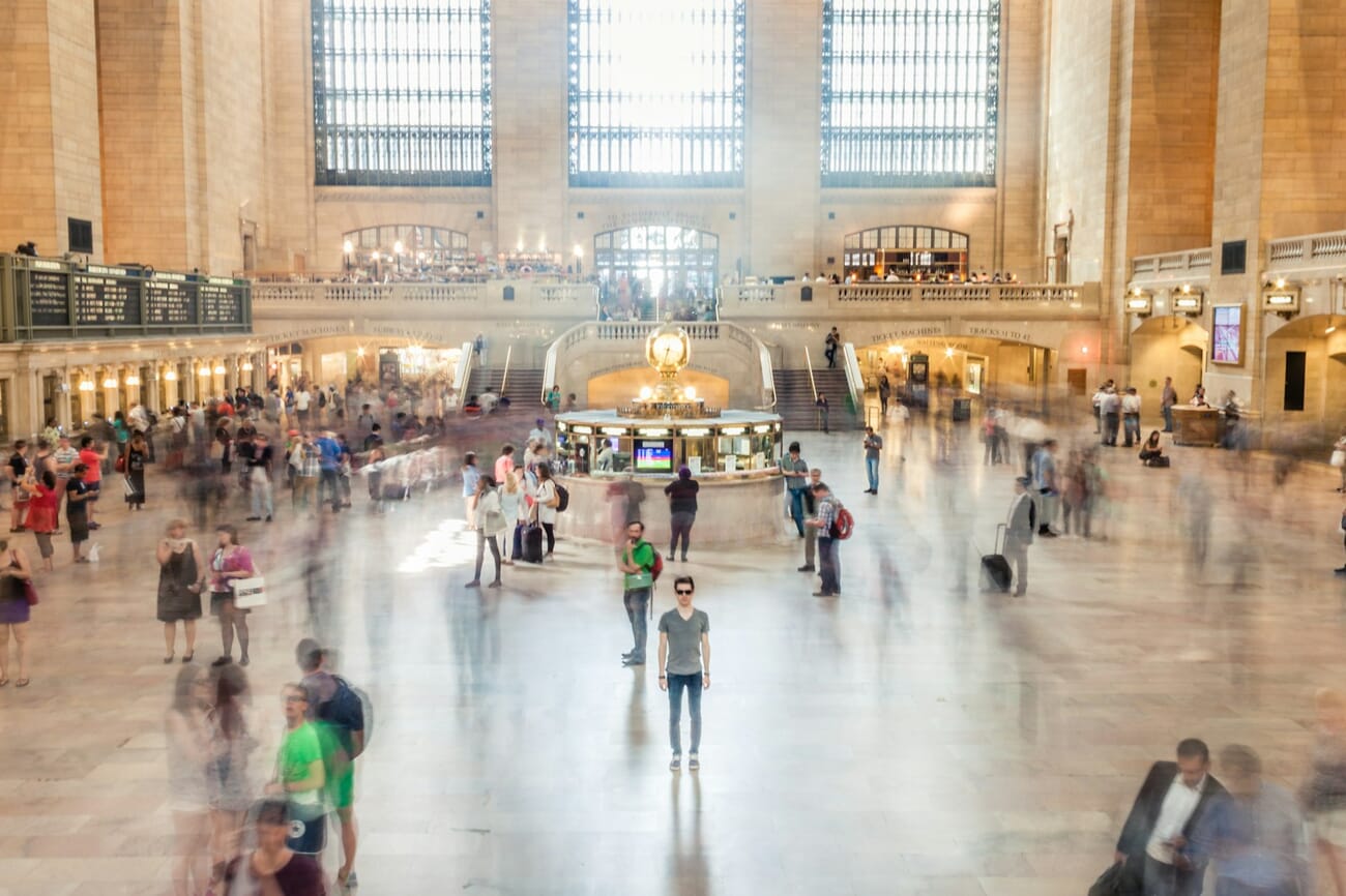 Light beams across the main concourse of Grand Central Terminal