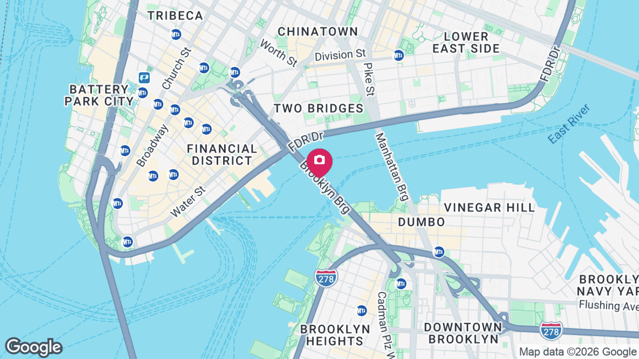 Map showing the location of the Brooklyn Bridge, New York