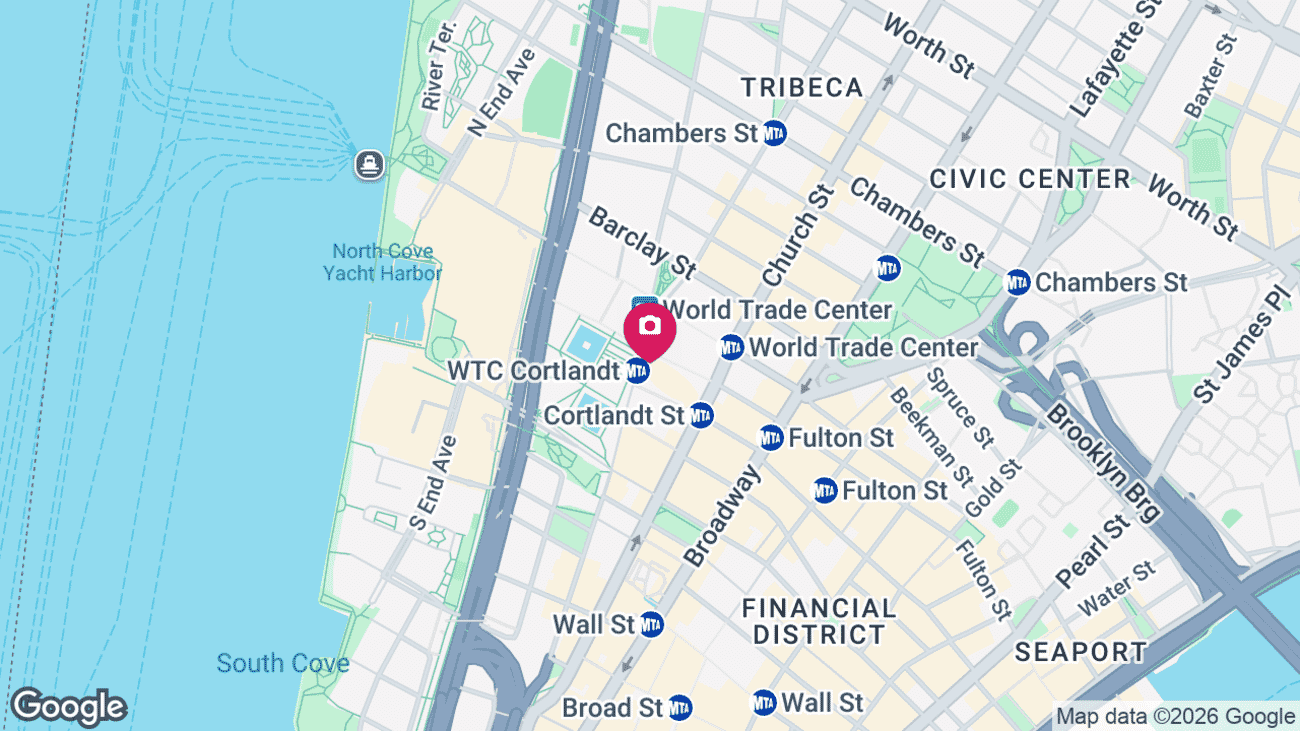 Map showing the location of the Oculus and Financial District in Lower Manhattan