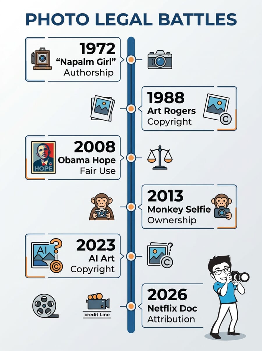 Timeline infographic showing landmark photography legal battles from 1972 to 2026