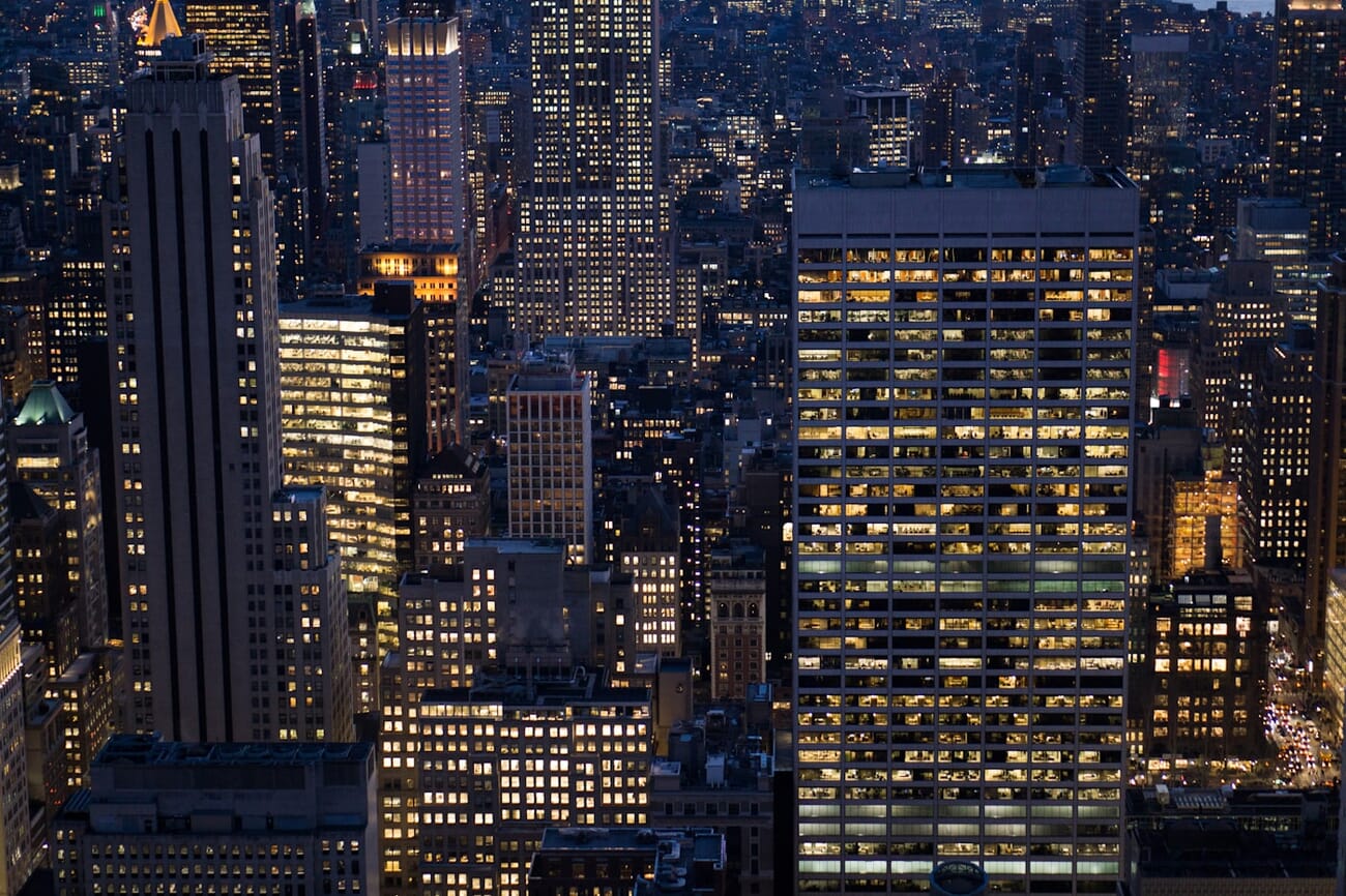 Nighttime cityscape with illuminated buildings shot on Sony A6000