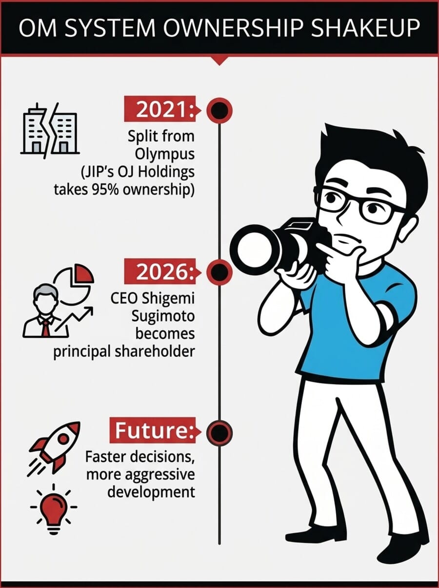 Infographic showing OM System ownership timeline from 2021 Olympus split to 2026 CEO takeover