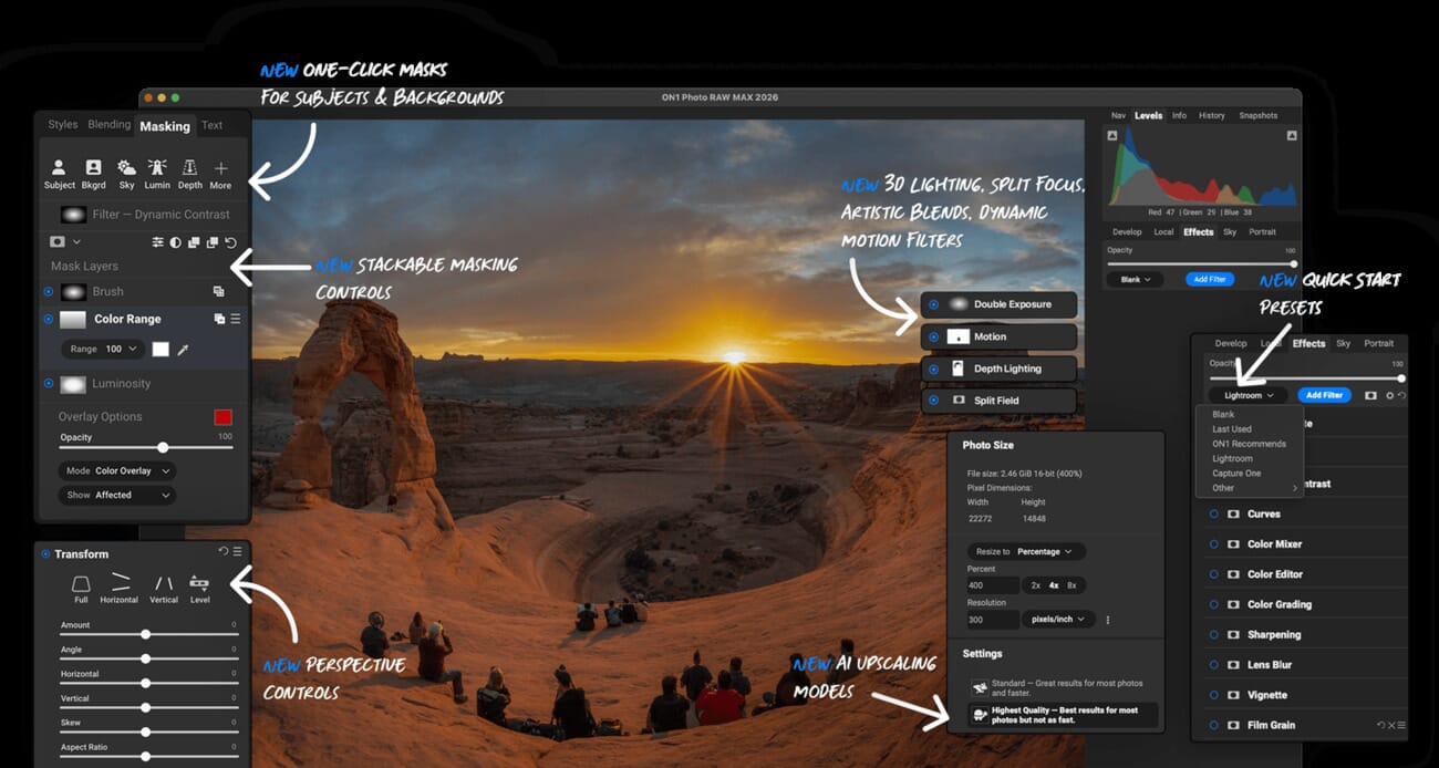 ON1 Photo RAW 2026 interface showing editing modules and AI features