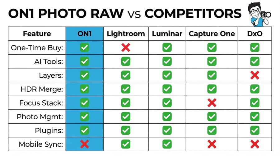Infographic comparing ON1 Photo RAW vs Lightroom, Luminar Neo, Capture One, and DxO PhotoLab