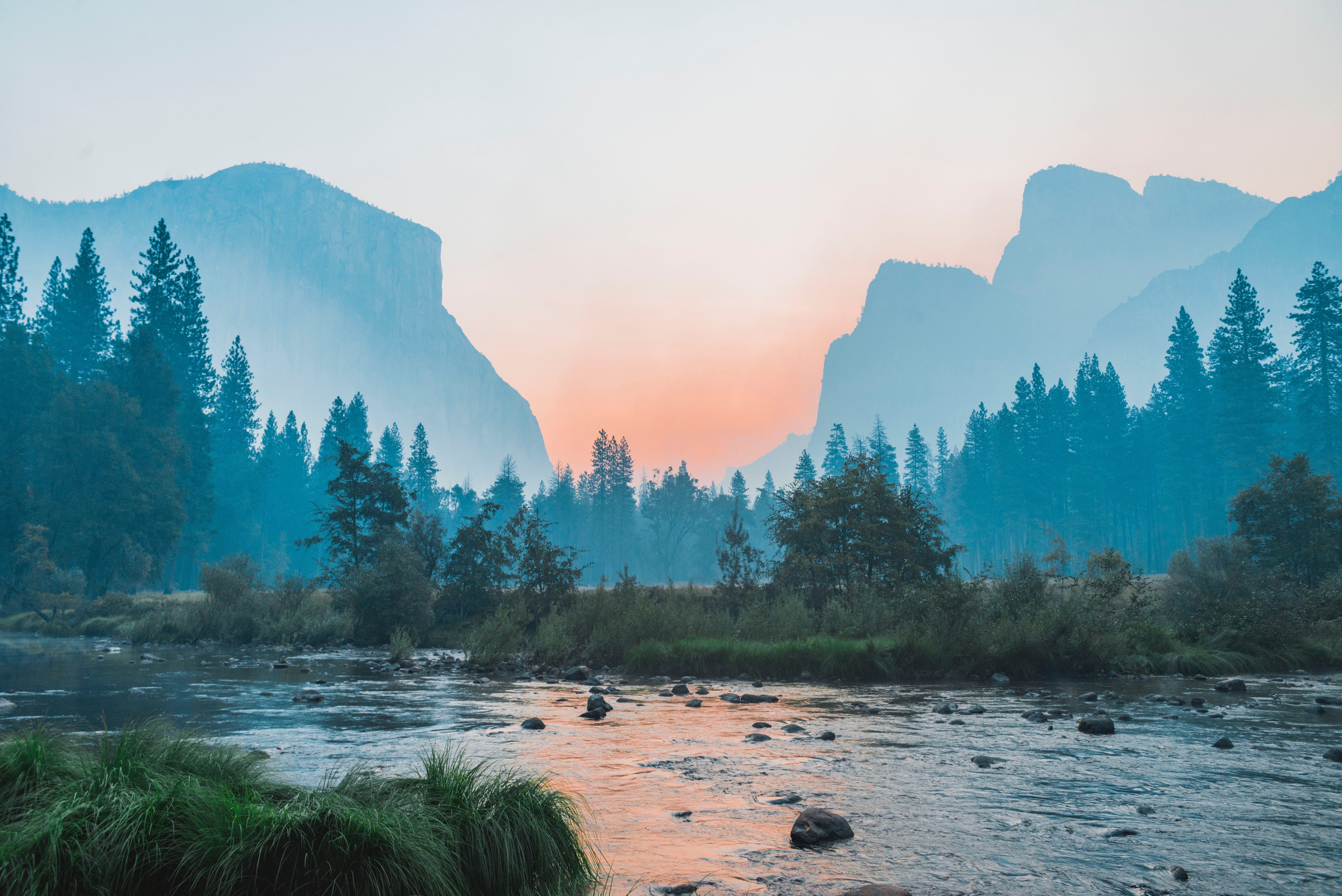 A river winds toward a foggy coniferous forest with blue mountains and a pale orange sky in the background.
