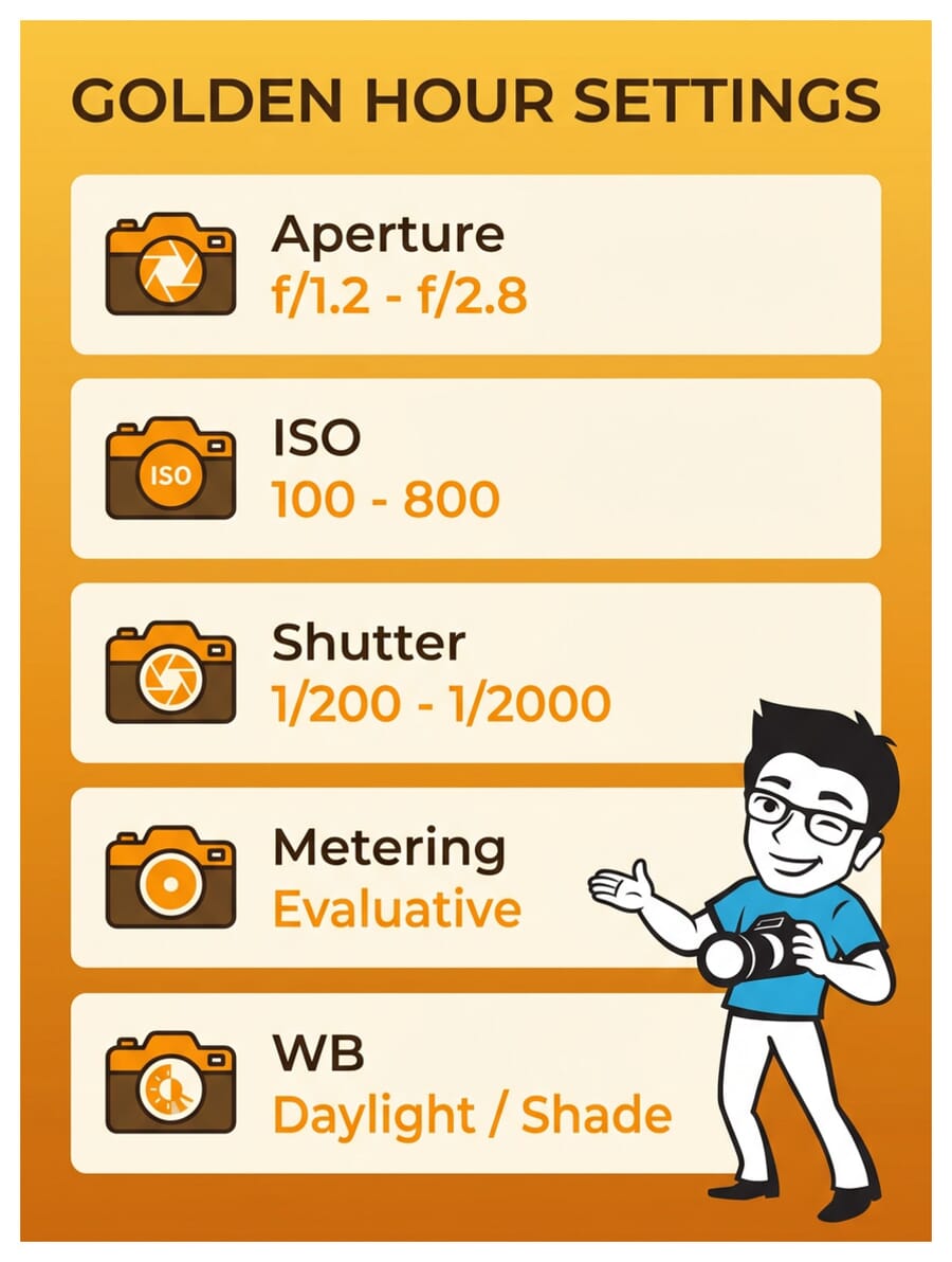 Golden hour outdoor portrait camera settings cheat sheet infographic