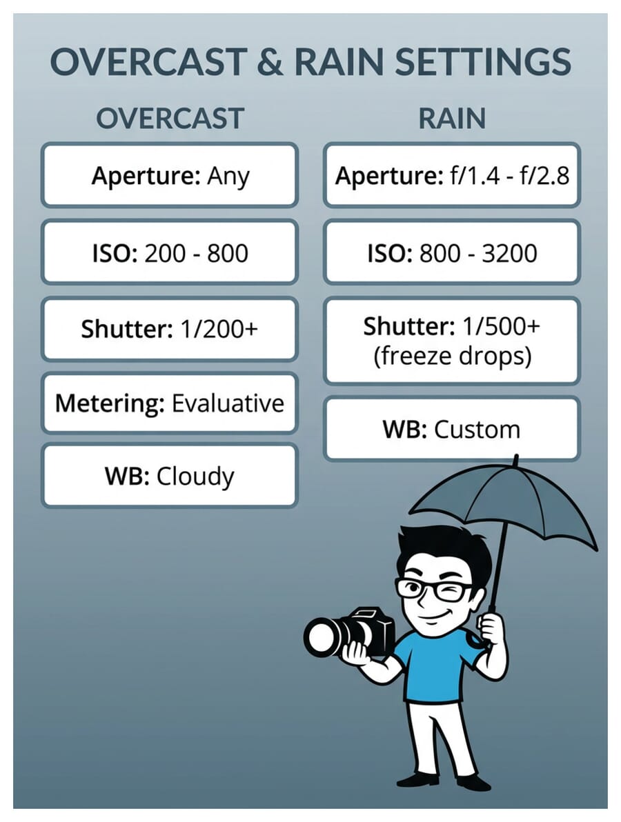 Overcast and rain outdoor portrait camera settings cheat sheet infographic