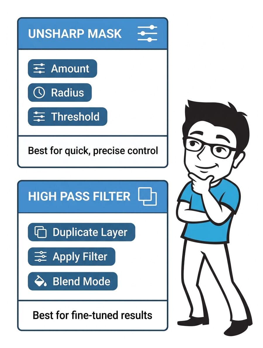 Infographic comparing Unsharp Mask and High Pass sharpening methods in Photoshop