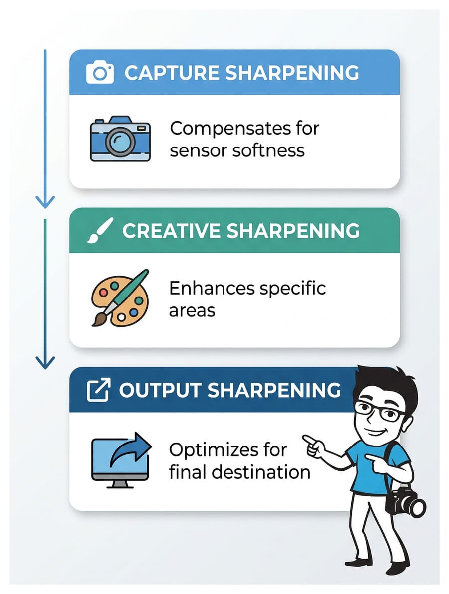 Infographic showing three types of sharpening: capture, creative, and output