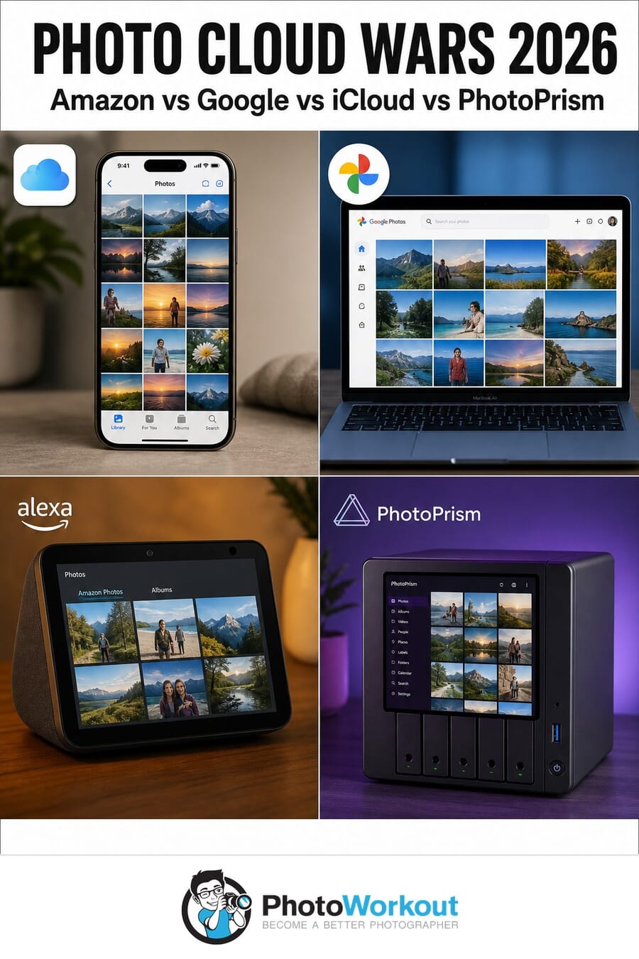 Photo Cloud Wars 2026 — Amazon vs Google vs iCloud vs PhotoPrism vertical Pinterest pin