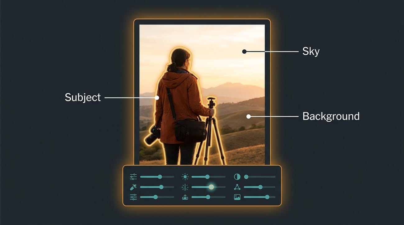 AI masking panel showing subject, sky, and background detection