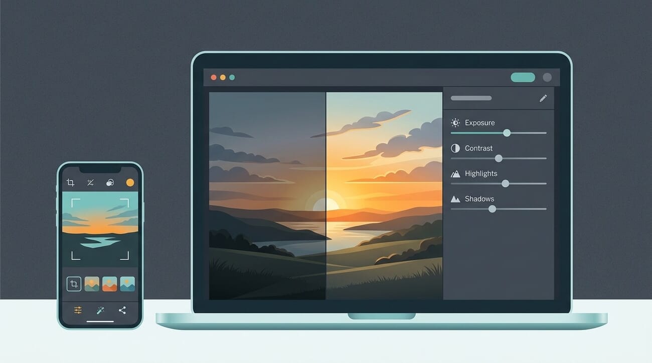 Beginner photo editing workflow on a laptop and phone