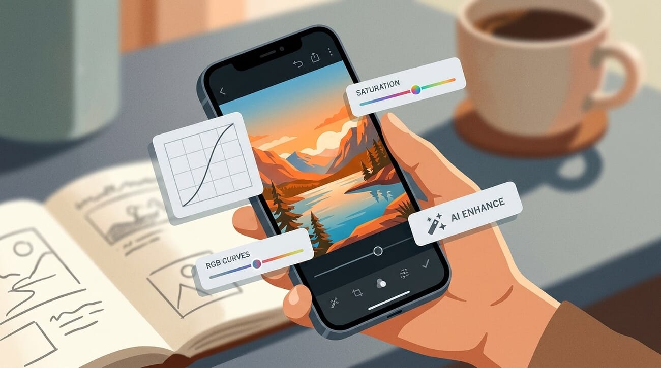 Smartphone showing a mobile photo editing workflow