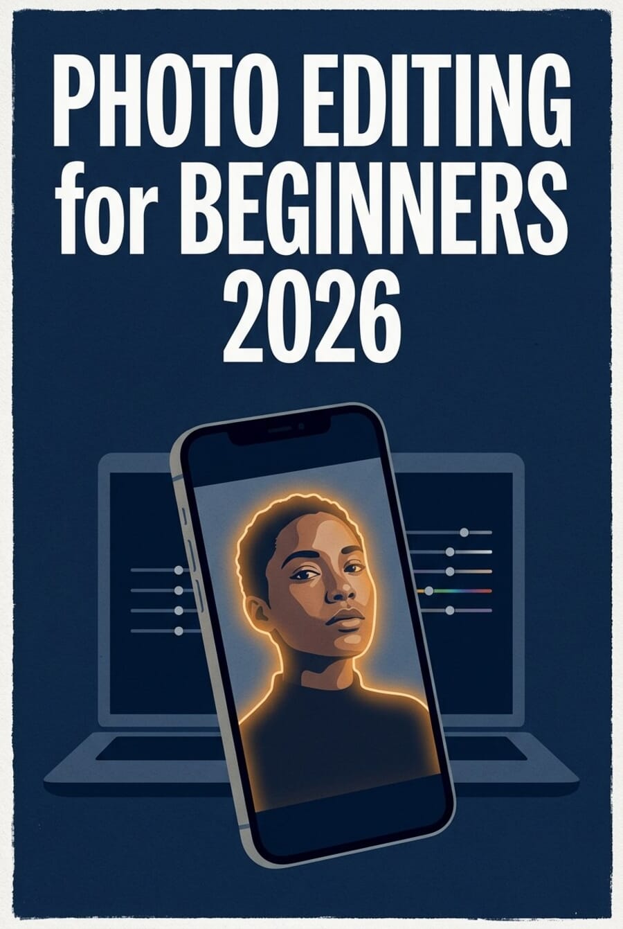 Photo editing for beginners 2026 — vertical pin graphic showing the AI-first workflow