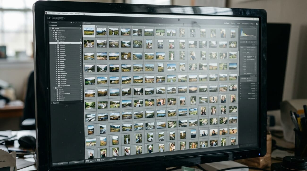 Computer monitor displaying photo management software with organized thumbnails in grid layout