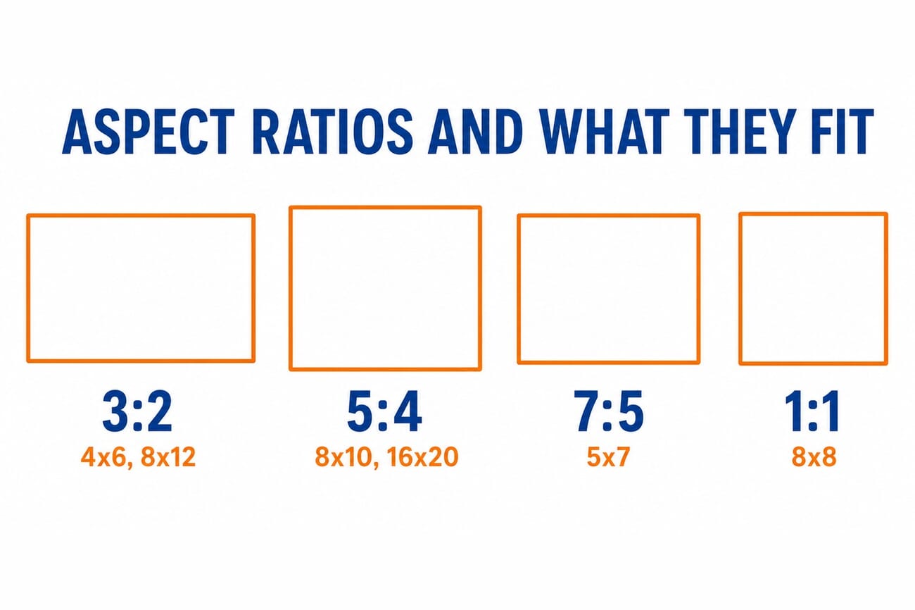 Infographic showing camera and print aspect ratios: 3:2 fits 4x6 and 8x12, 5:4 fits 8x10 and 16x20, 7:5 fits 5x7, and 1:1 fits 8x8