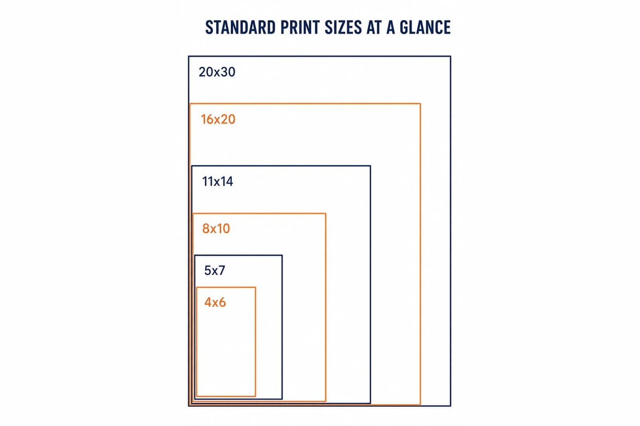 Infographic comparing standard photo print sizes as nested rectangles from 4x6 up to 20x30 inches