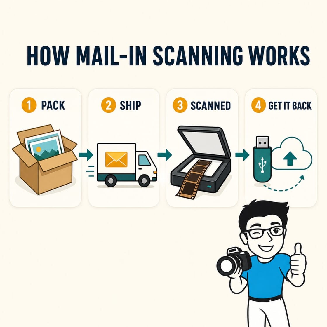 How mail-in photo scanning works in four steps: pack, ship, scan, get your files and originals back