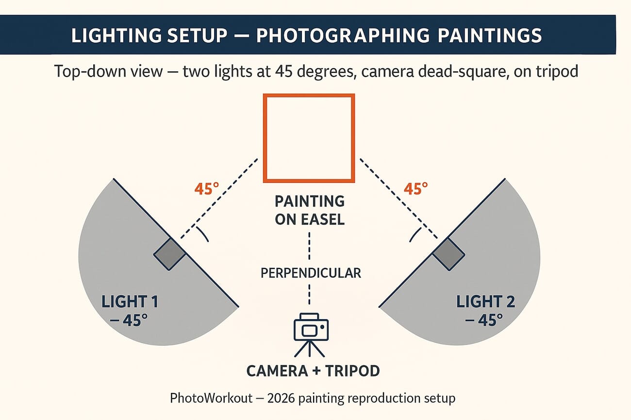 Top-down lighting setup diagram for photographing paintings — two lights at 45 degrees, camera centered on a tripod, parallel to the painting