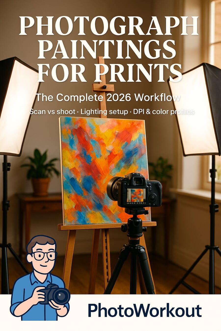 Photograph paintings for prints — Pinterest pin: scan vs shoot, lighting setup, file formats