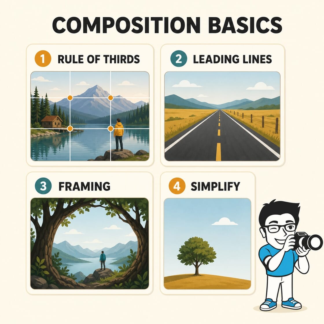 Composition basics infographic: rule of thirds, leading lines, framing, simplify