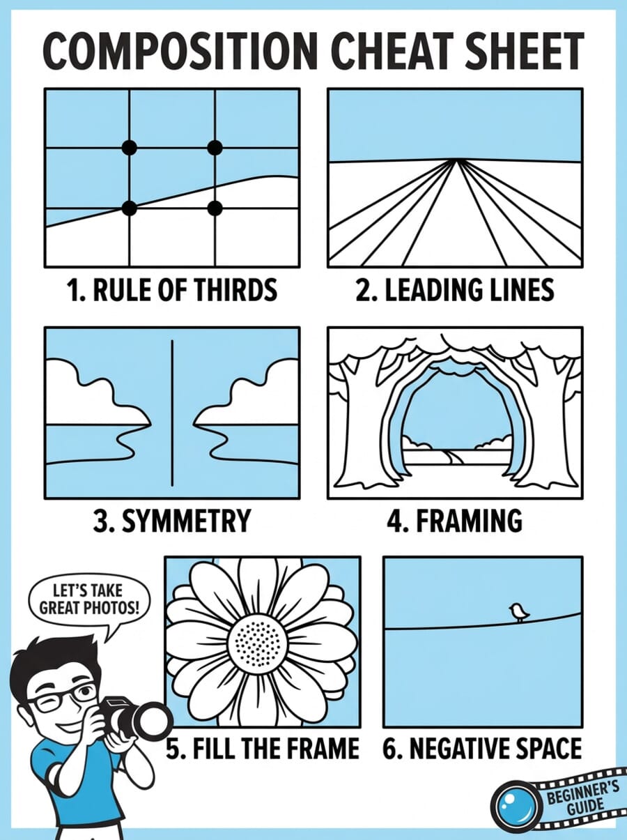Composition cheat sheet infographic showing rule of thirds, leading lines, symmetry, framing, fill the frame, and negative space