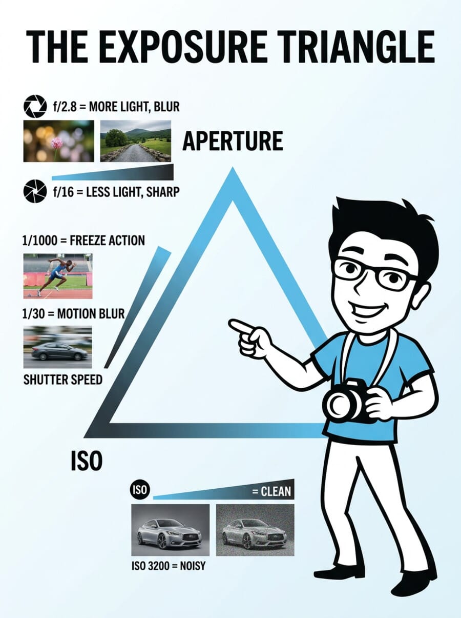 Infographic explaining the exposure triangle - aperture, shutter speed, and ISO with example values
