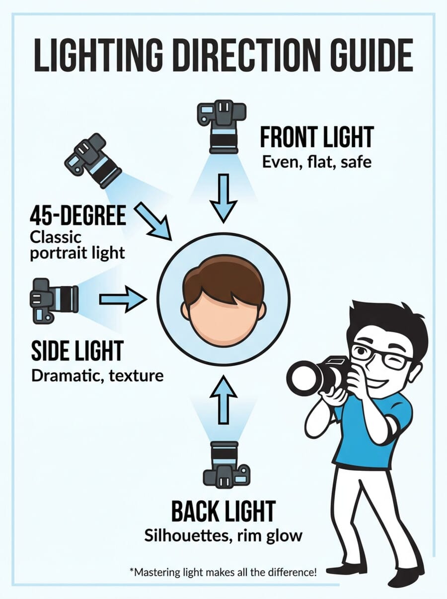 Infographic showing four lighting directions for photography - front light, side light, backlight, and 45-degree light