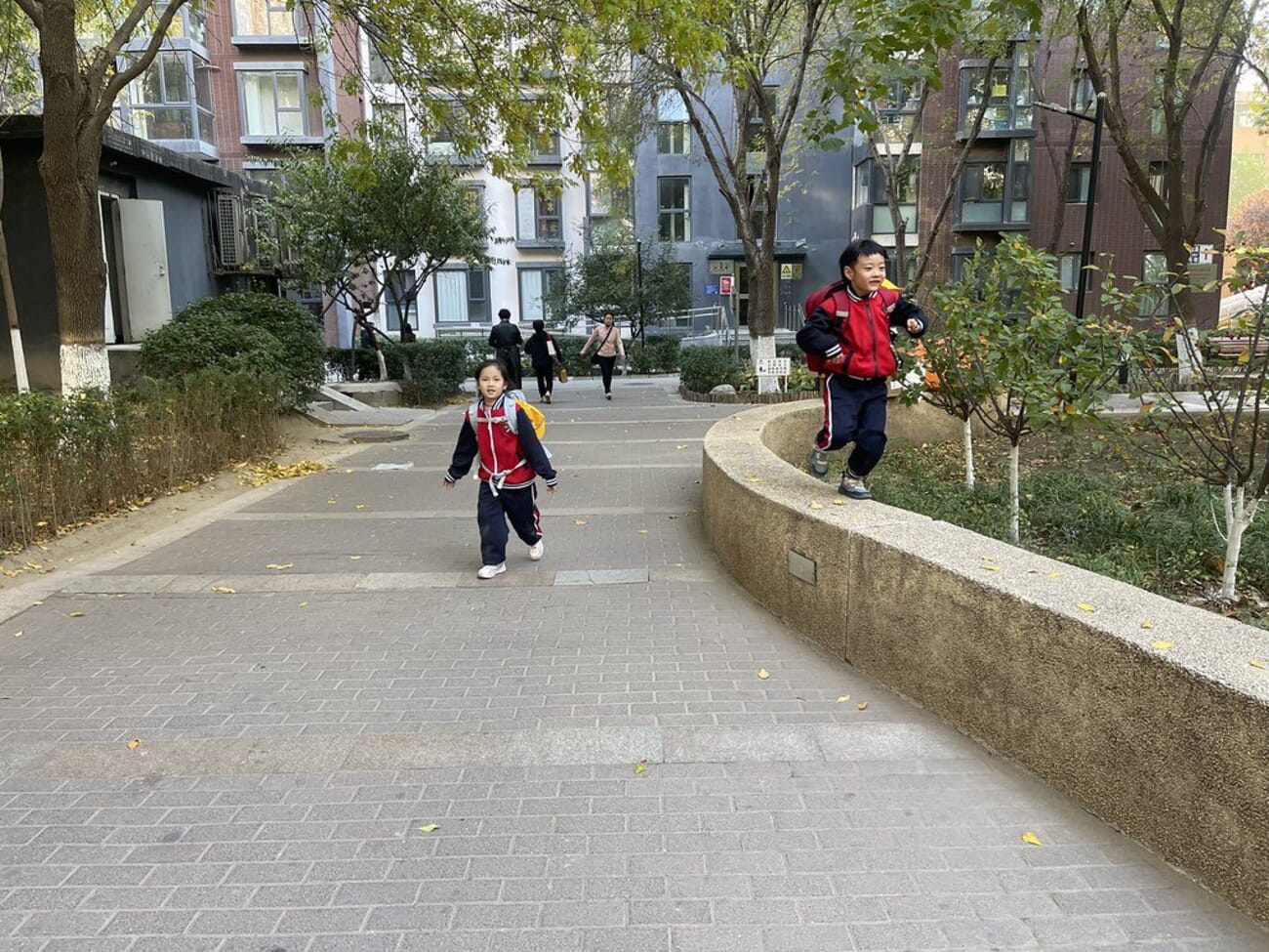 Children running along a tree-lined park path