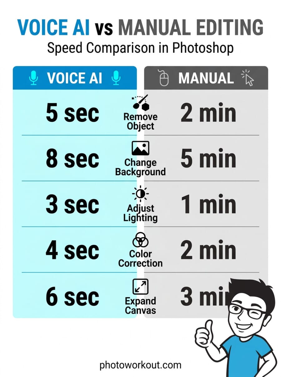 Infographic comparing voice AI editing speed versus manual editing in Photoshop