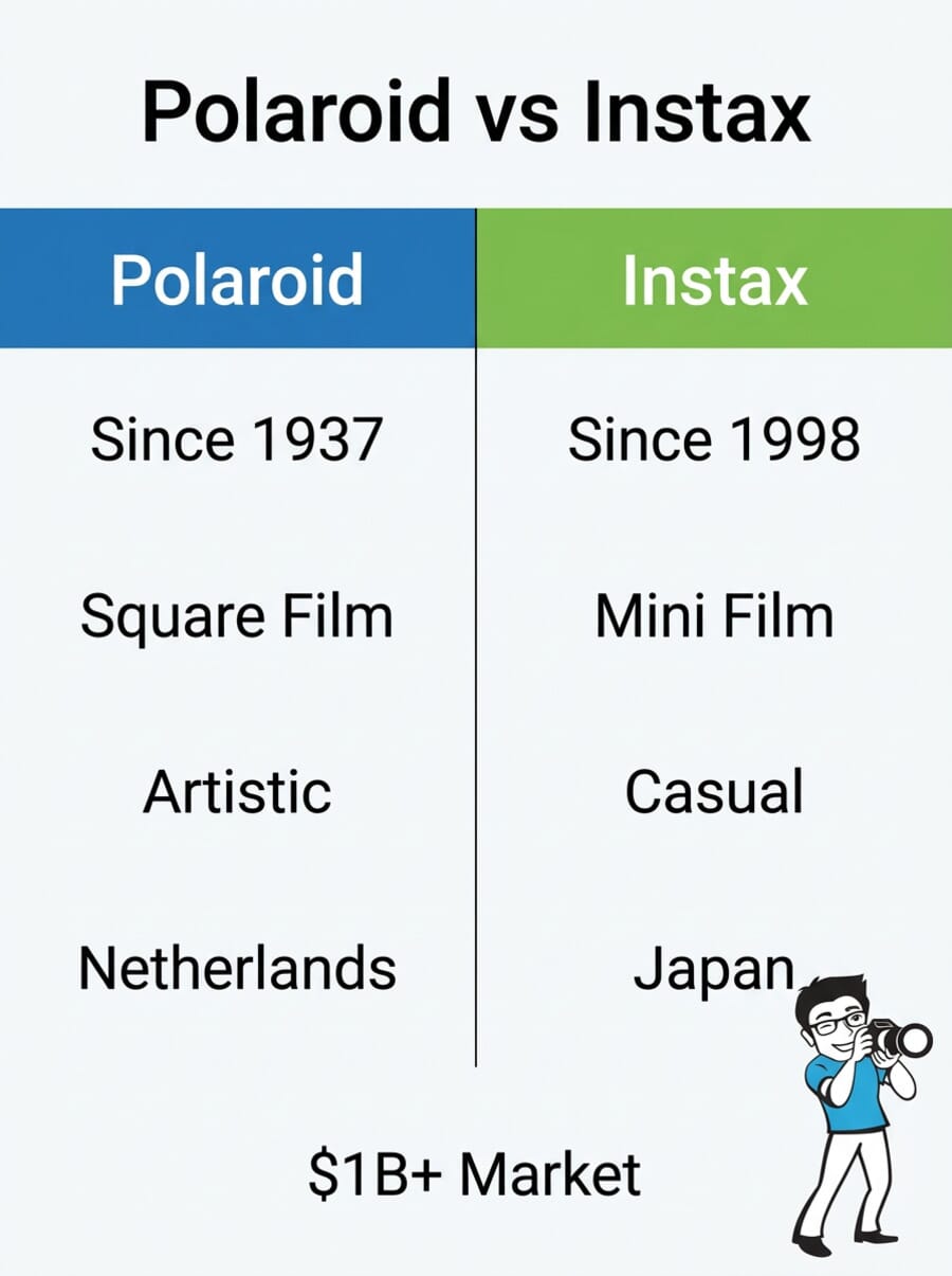 Polaroid vs Instax comparison infographic showing key differences between the two instant camera brands