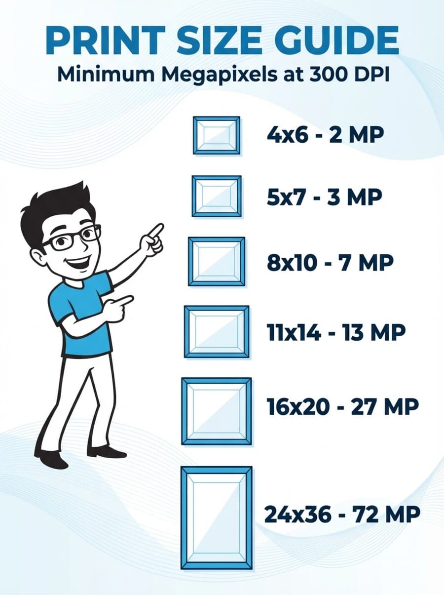 Print resolution quick reference infographic showing minimum megapixels needed for common print sizes