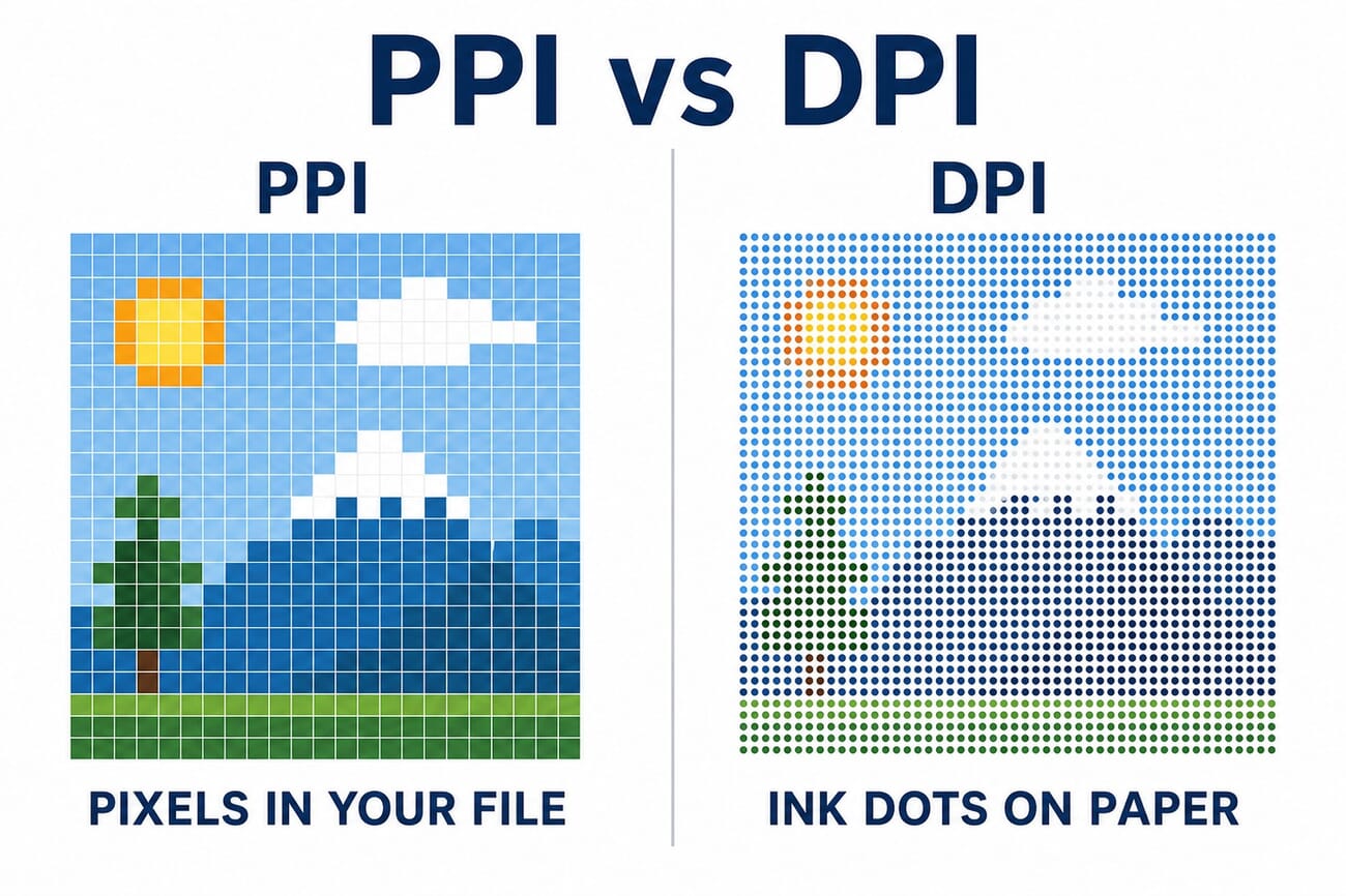 Diagram explaining PPI versus DPI: PPI is the pixels in your digital file, DPI is the ink dots the printer places on paper