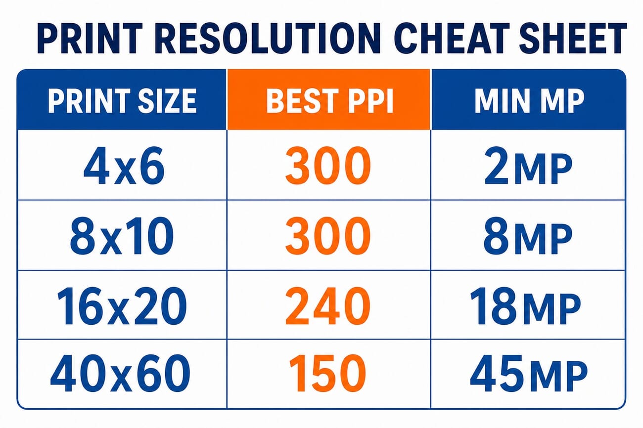 Print resolution cheat sheet showing best PPI and minimum megapixels for common print sizes: 4x6 and 8x10 at 300 PPI, 16x20 at 240 PPI, 40x60 at 150 PPI