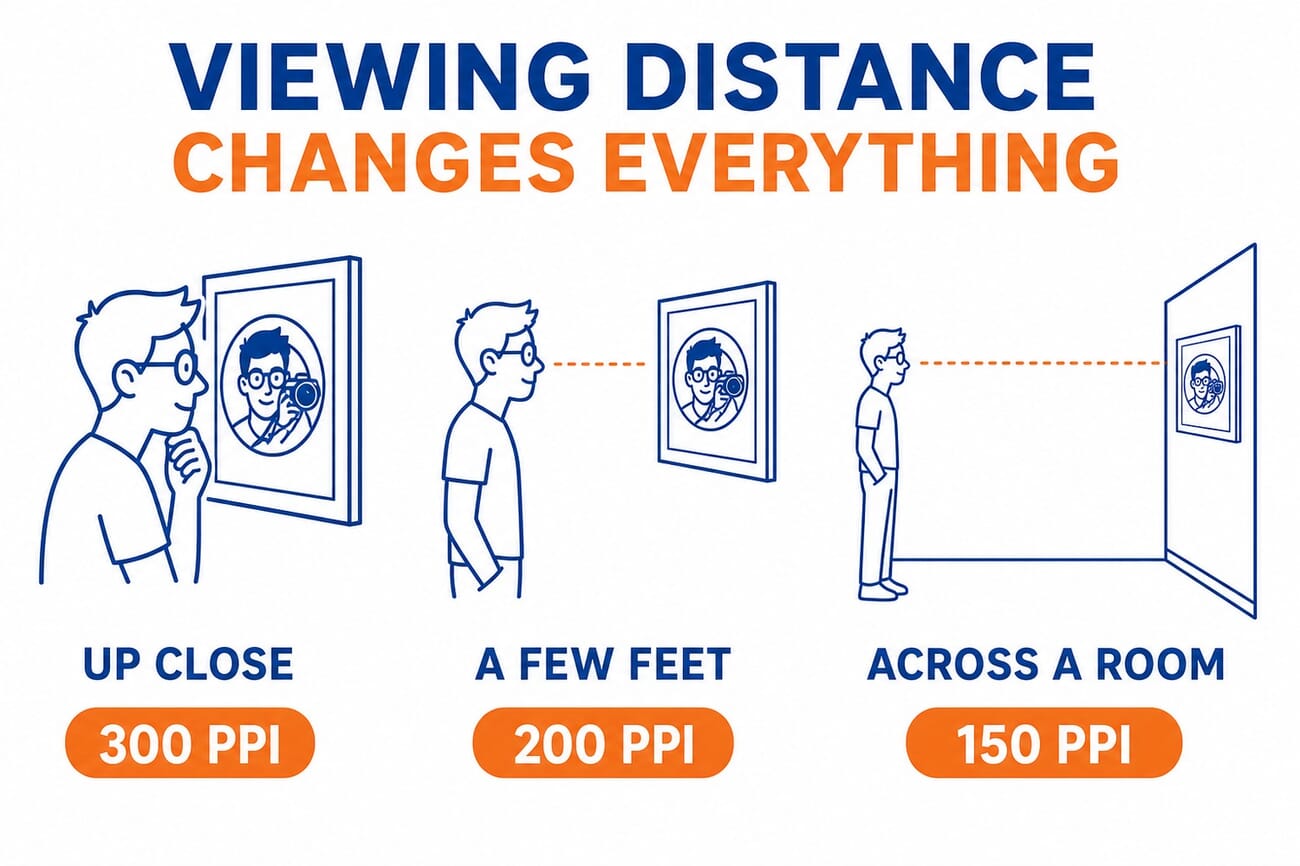 Diagram showing how required PPI drops with viewing distance: 300 PPI up close, 200 PPI a few feet away, 150 PPI across a room