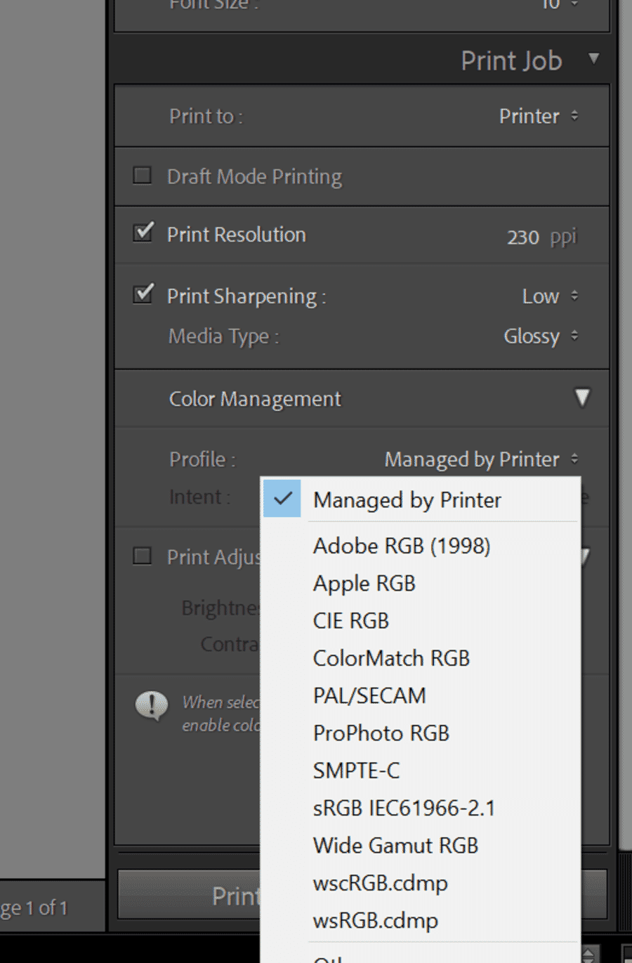 Color Management profile selection