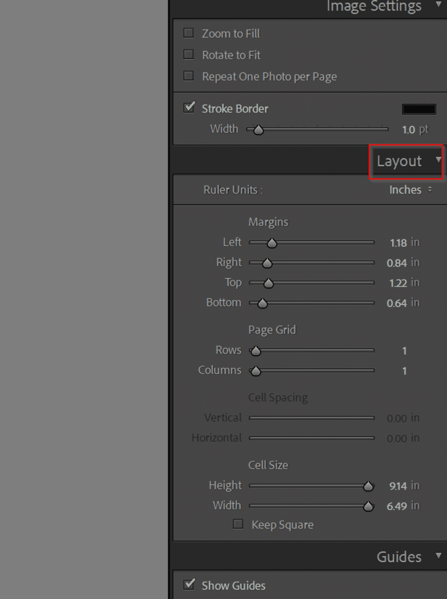 Layout panel margins controls