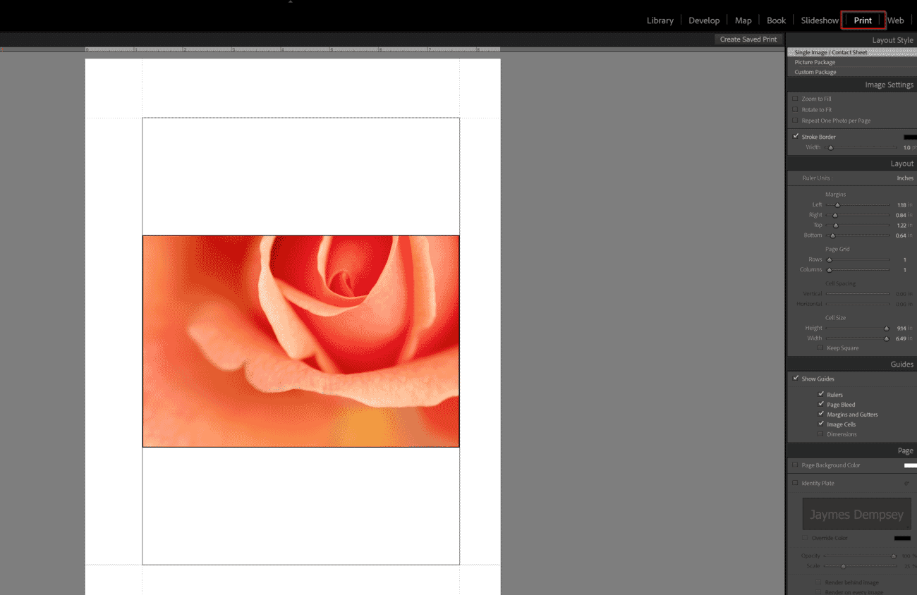 Lightroom Classic module row with Print selected
