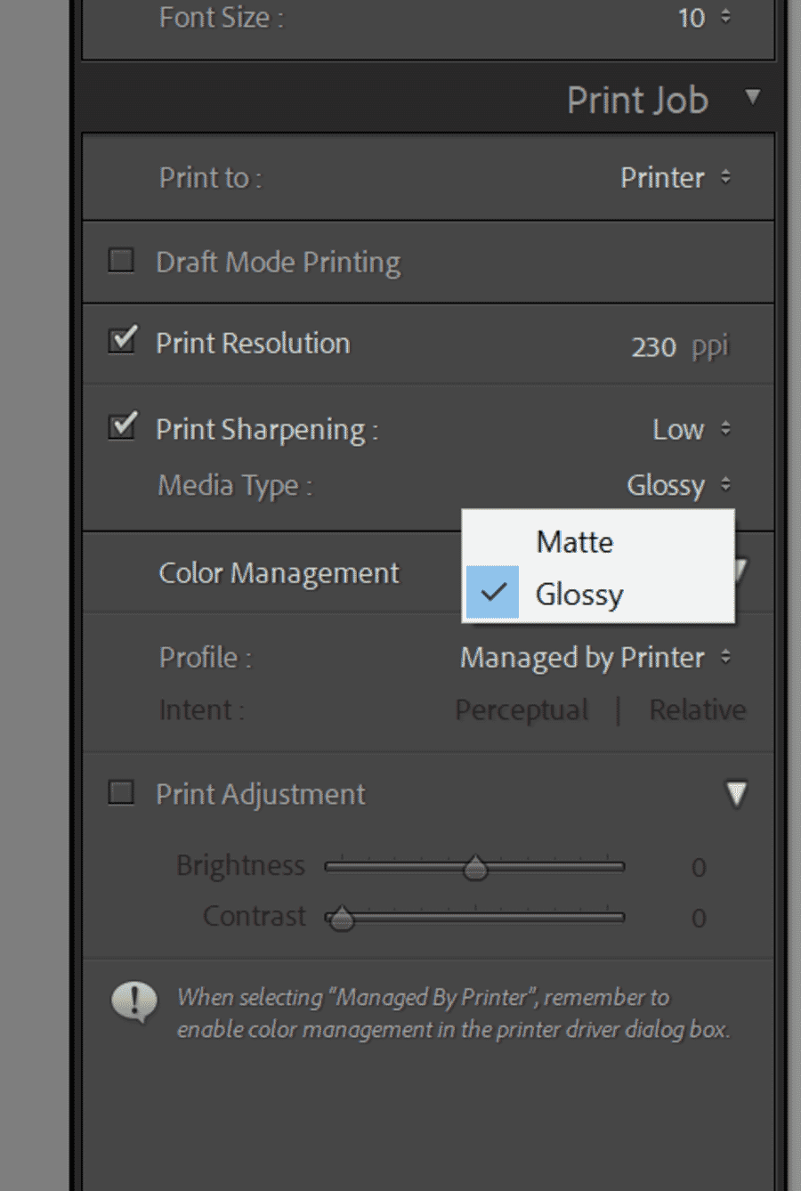 Media Type dropdown with Matte and Glossy options