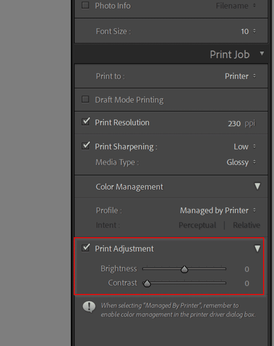 Print Adjustment brightness and contrast sliders