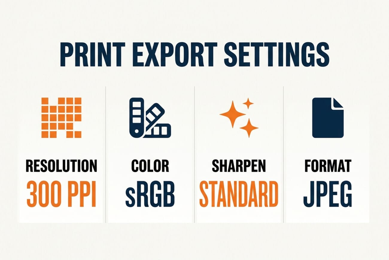 Print Export Settings infographic: 300 PPI resolution, sRGB color, Standard sharpening, JPEG format