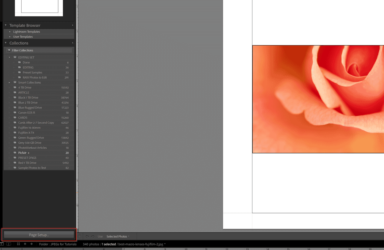 Page Setup button in the Lightroom Print Module