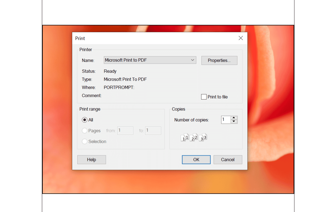Printer dialog with copies and driver settings