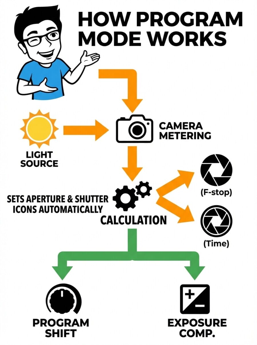 Flowchart showing how Program Mode works: light metering, exposure calculation, aperture and shutter speed selection, with Program Shift and exposure compensation adjustments
