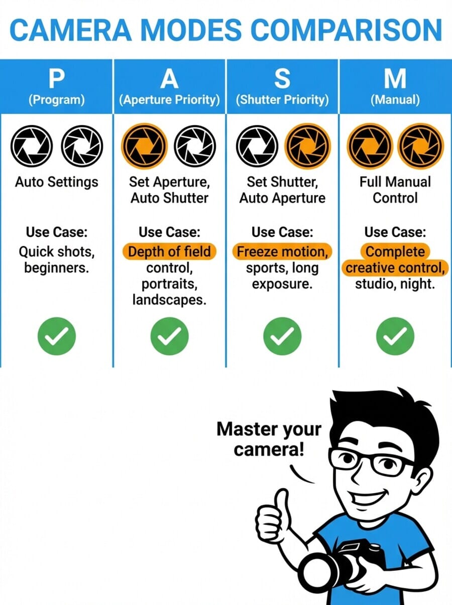 Comparison chart of camera modes: Program, Aperture Priority, Shutter Priority, and Manual, showing what each mode controls and ideal use cases