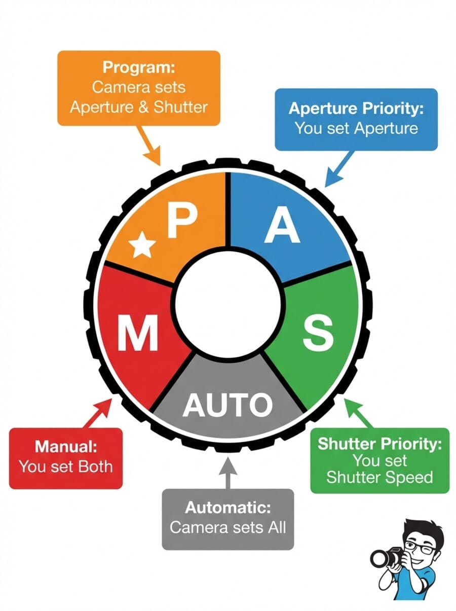 Camera mode dial infographic showing where Program Mode (P) sits among Auto, Aperture Priority, Shutter Priority, and Manual modes