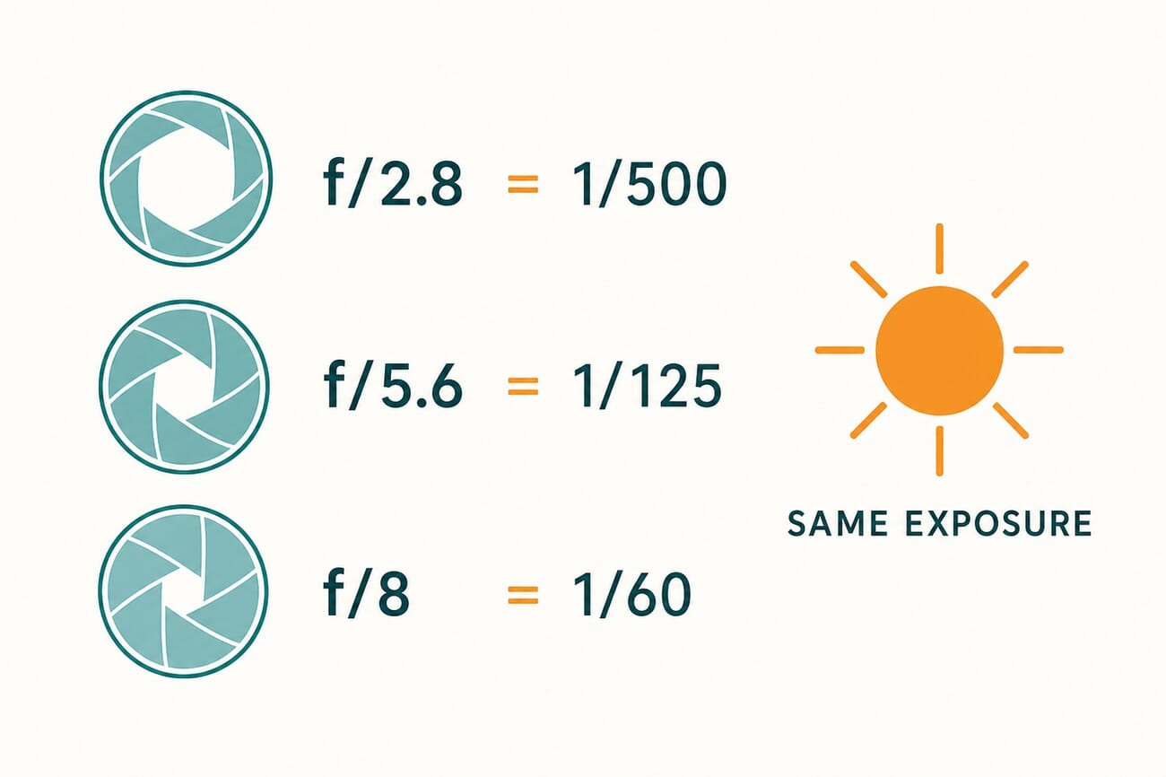 Program Shift diagram showing three aperture and shutter combinations that give the same exposure