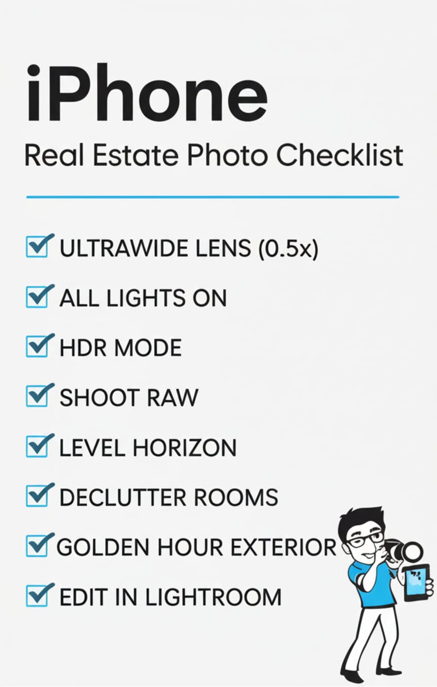 iPhone Real Estate Photo Checklist infographic showing 8 essential steps