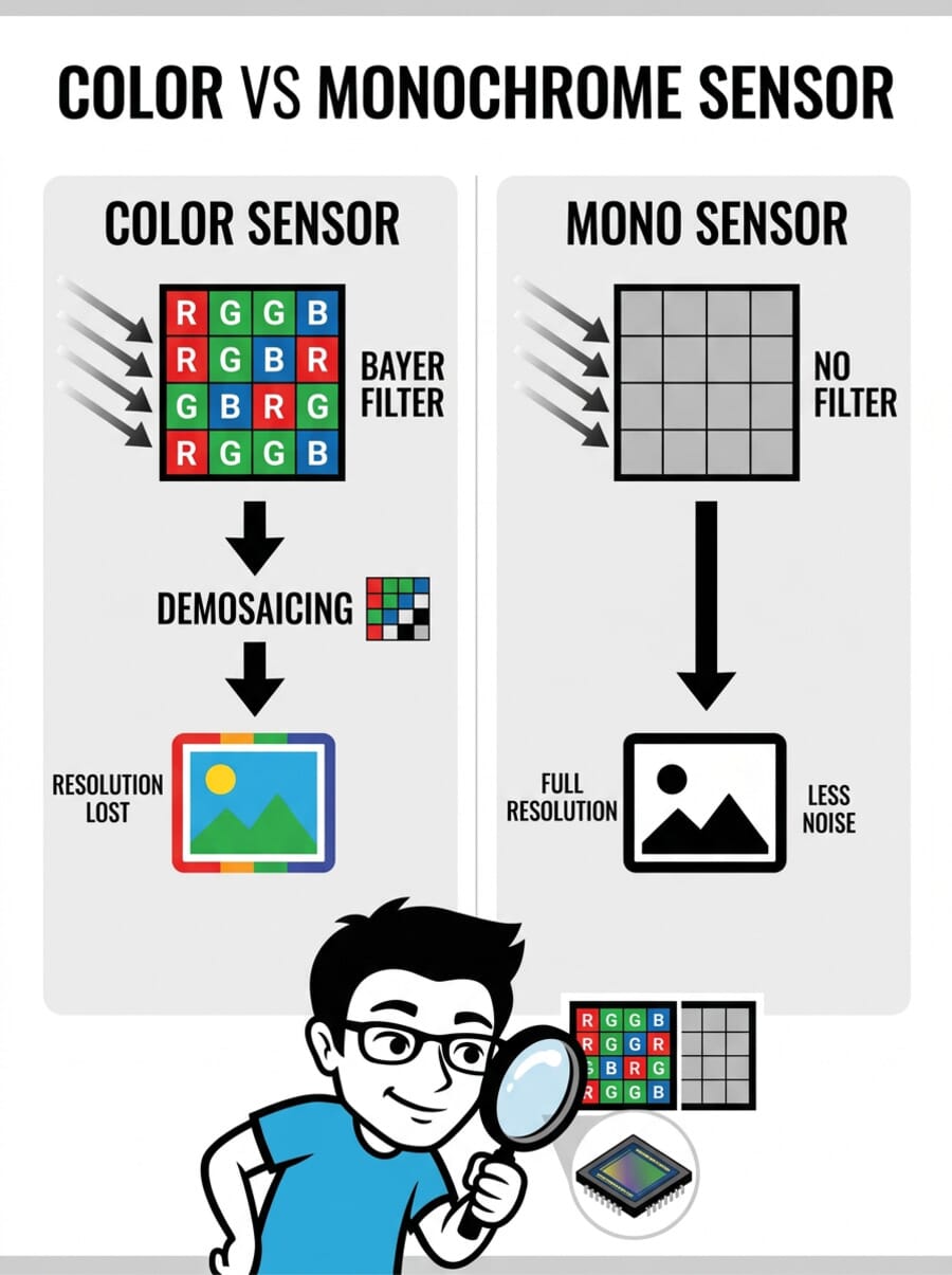 Infographic comparing color sensor with Bayer filter versus monochrome sensor without filter, showing how removing the filter preserves full resolution and reduces noise